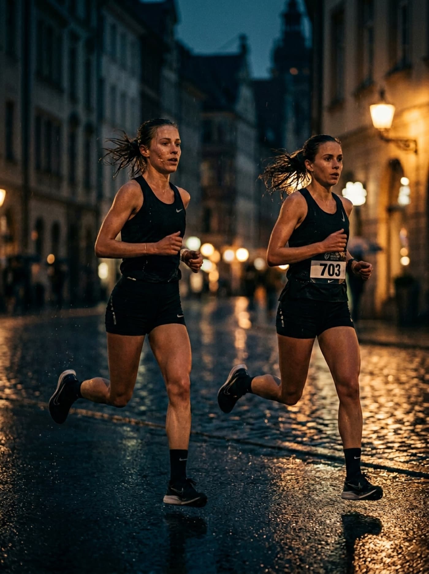 Deux athlètes en pleine course identifiées par l'IA Photag — dossards et visages reconnus automatiquement