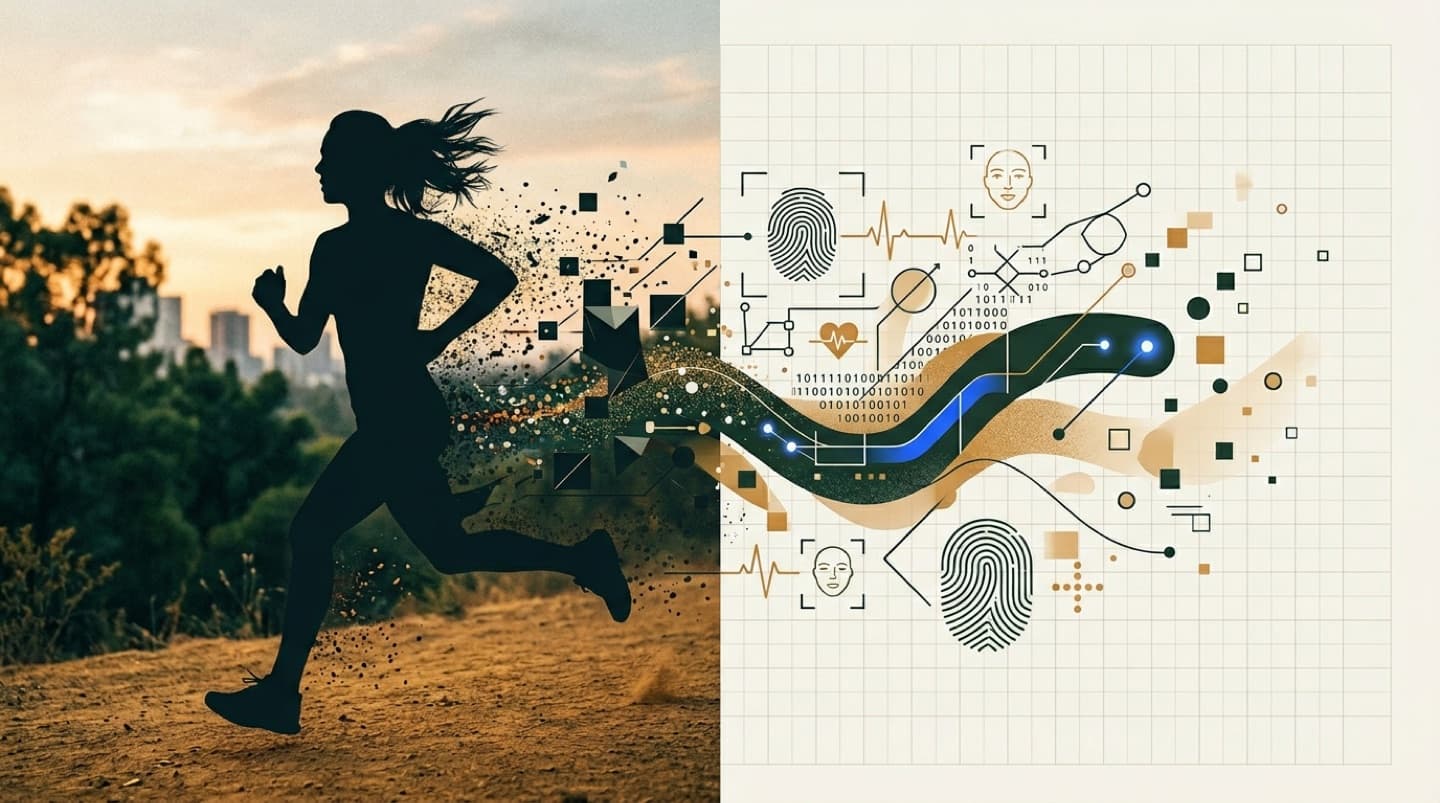 Coureuse silhouette se transformant en empreintes biométriques et points de données — illustration RGPD photo sportive